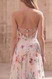 Ivory Floral Strapless A Line Embroidered Long Prom Dress with Slit