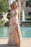 Ivory Flower A Line Embroidered Spaghetti Straps Long Prom Dress with Slit
