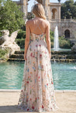 Ivory Flower A Line Embroidered Spaghetti Straps Long Prom Dress with Slit