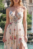 Ivory Flower A Line Embroidered Spaghetti Straps Long Prom Dress with Slit