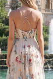Ivory Flower A Line Embroidered Spaghetti Straps Long Prom Dress with Slit