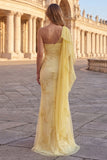 Yellow One Shoulder Mermaid Embroidered Long Prom Dress with Sash