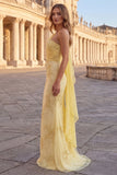 Yellow One Shoulder Mermaid Embroidered Long Prom Dress with Sash