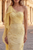 Yellow One Shoulder Mermaid Embroidered Long Prom Dress with Sash
