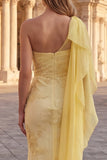 Yellow One Shoulder Mermaid Embroidered Long Prom Dress with Sash