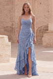 Dusty Blue A Line Long Floral Dress with Ruffled Slit