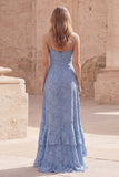 Dusty Blue A Line Long Floral Dress with Ruffled Slit