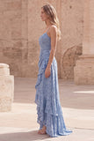 Dusty Blue A Line Long Floral Dress with Ruffled Slit