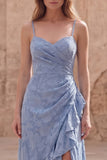 Dusty Blue A Line Long Floral Dress with Ruffled Slit