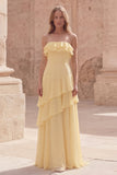 Strapless Yellow A Line Ruffled Long Chiffon Dress