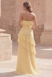 Strapless Yellow A Line Ruffled Long Chiffon Dress