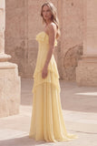 Strapless Yellow A Line Ruffled Long Chiffon Dress