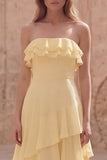 Strapless Yellow A Line Ruffled Long Chiffon Dress