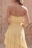Strapless Yellow A Line Ruffled Long Chiffon Dress