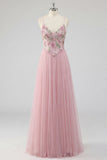 Pink Floral A Line Spaghetti Straps Long Tulle Prom Dress