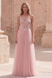 Pink Floral A Line Spaghetti Straps Long Tulle Prom Dress