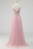 Pink Floral A Line Spaghetti Straps Long Tulle Prom Dress