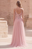 Pink Floral A Line Spaghetti Straps Long Tulle Prom Dress