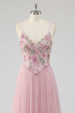 Pink Floral A Line Spaghetti Straps Long Tulle Prom Dress