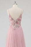 Pink Floral A Line Spaghetti Straps Long Tulle Prom Dress