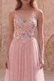 Pink Floral A Line Spaghetti Straps Long Tulle Prom Dress