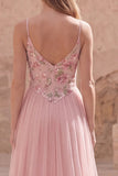 Pink Floral A Line Spaghetti Straps Long Tulle Prom Dress