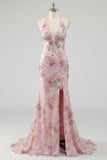Sparkly Mermaid Pink Floral Halter Backless Long Prom Dress with Slit
