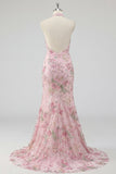 Sparkly Mermaid Pink Floral Halter Backless Long Prom Dress with Slit