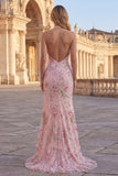 Sparkly Mermaid Pink Floral Halter Neck Backless Long Prom Dress with Slit