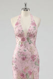 Sparkly Mermaid Pink Floral Halter Backless Long Prom Dress with Slit
