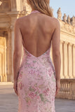 Sparkly Mermaid Pink Floral Halter Neck Backless Long Prom Dress with Slit
