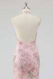 Sparkly Mermaid Pink Floral Halter Backless Long Prom Dress with Slit