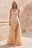 Sweetheart Yellow Floral Ruched A Line Long Prom Dress with Slit