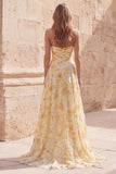 Sweetheart Yellow Floral Ruched A Line Long Prom Dress with Slit