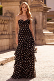 Black Polka Dots Sheath Sweetheart Corset Ruffled Long Prom Dress