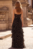 Black Polka Dots Sheath Sweetheart Corset Ruffled Long Prom Dress