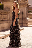 Black Polka Dots Sheath Sweetheart Corset Ruffled Long Prom Dress