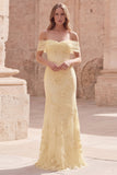 Yellow Floral Off the Shoulder Mermaid Long Prom Dress with Embroidery