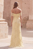 Yellow Floral Off the Shoulder Mermaid Long Prom Dress with Embroidery