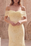 Yellow Floral Off the Shoulder Mermaid Long Prom Dress with Embroidery