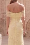 Yellow Floral Off the Shoulder Mermaid Long Prom Dress with Embroidery