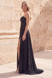 Sparkly Black Sweetheart A-Line Beaded Pleated Long Prom Dress with  Slit