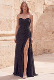 Sparkly Black Sweetheart A-Line Beaded Pleated Long Prom Dress with  Slit