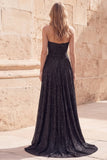 Sparkly Black Sweetheart A-Line Beaded Pleated Long Prom Dress with  Slit