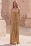 Gold Sheath Pleated Spaghetti Straps Long Prom Dress