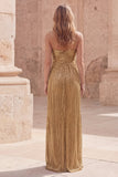 Gold Sheath Pleated Spaghetti Straps Long Prom Dress