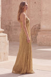 Gold Sheath Pleated Spaghetti Straps Long Prom Dress