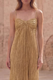 Gold Sheath Pleated Spaghetti Straps Long Prom Dress