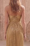 Gold Sheath Pleated Spaghetti Straps Long Prom Dress