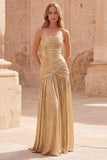 Strapless Gold A-Line Pleated Long Prom Dress